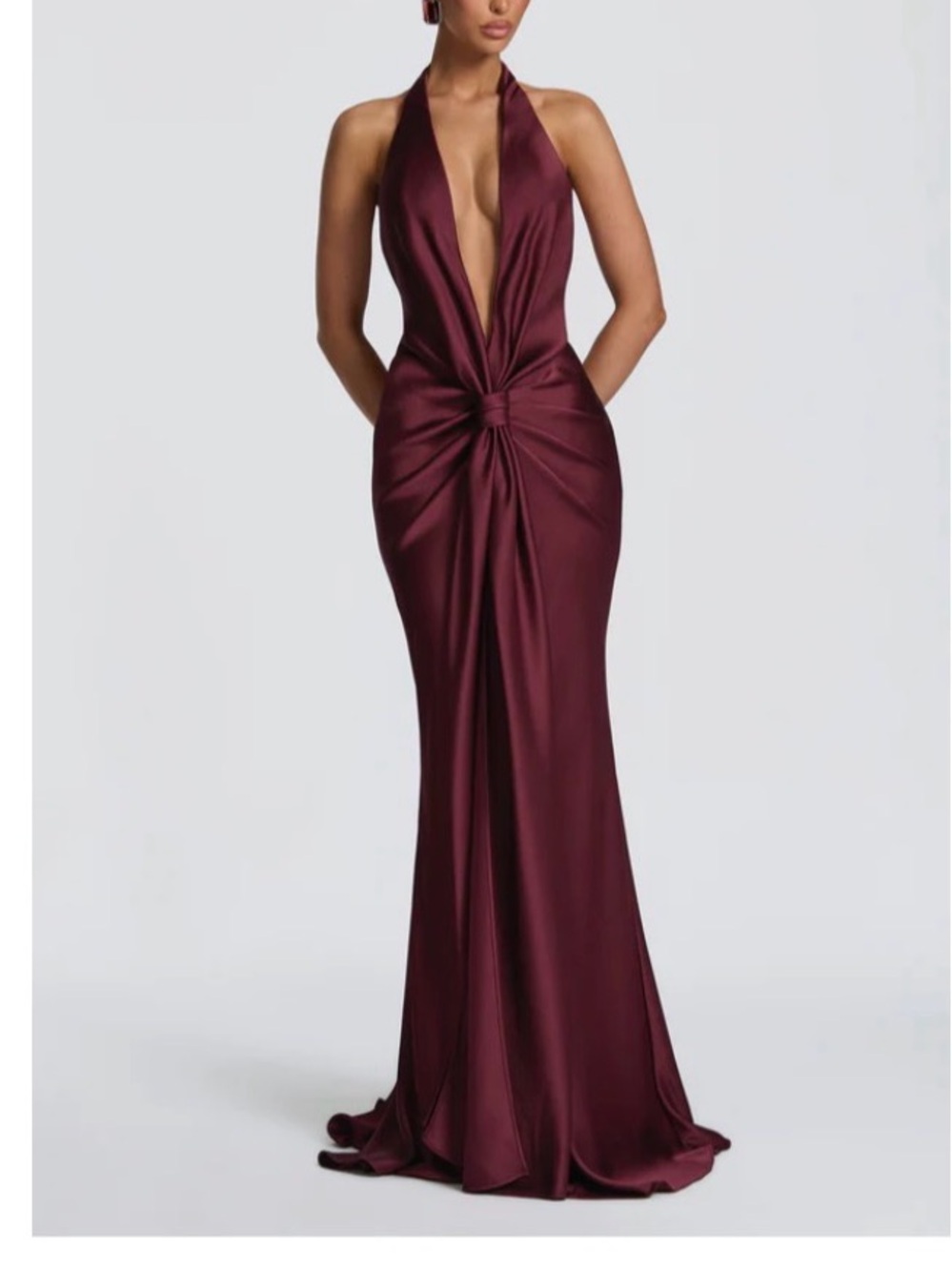 Deep V Knot-Front Satin Prom Gown in Burgundy